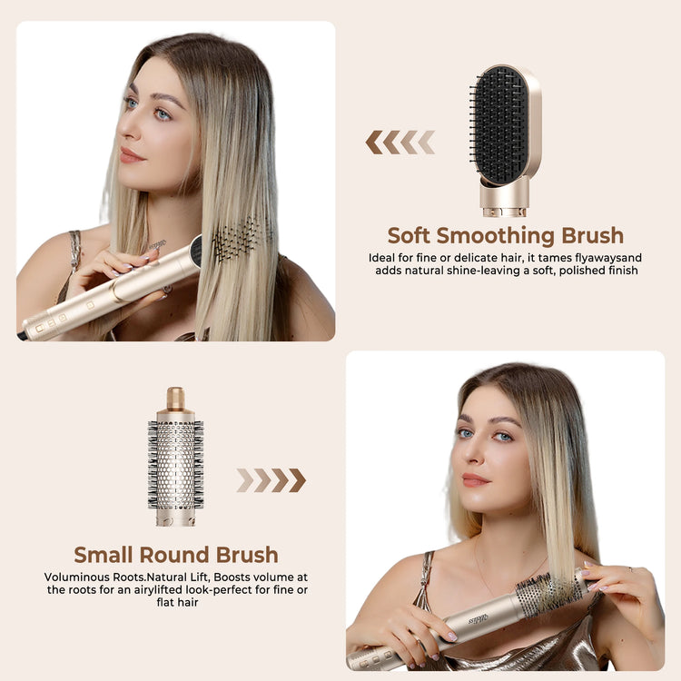 UKLISS 643 Champagne Color 8-in-1 Hot Air Styler Set, Detachable Multi Functional Hair Styling Tool, Hair Dryer, Curling Wand, Straightening Brush & Flat Iron All in One, Foldable Rotatable Auto Curler for Quick Drying, Smoot