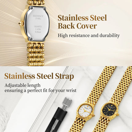 BERNY Orologio al quarzo da donna Cinturino in acciaio inossidabile dorato Orologio da polso ellittico di lusso Orologio da donna semplice retrò impermeabile platinumshop
