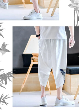 Pantaloni Kimono giapponesi da uomo in cotone traspirante Samurai Abbigliamento Pantaloni da uomo Stampa allentata Pantaloncini Harem retrò Pantaloni Hip Hop Harajuku