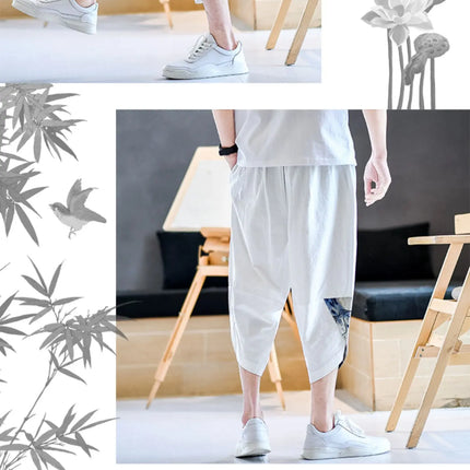Pantaloni Kimono giapponesi da uomo in cotone traspirante Samurai Abbigliamento Pantaloni da uomo Stampa allentata Pantaloncini Harem retrò Pantaloni Hip Hop Harajuku
