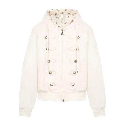 Coquette Zip Up Hoodie Women Decorative Double Row Metal Buttons Floral Print Lined Loose Fit Y2K Casual Streetwear Sweatshirt