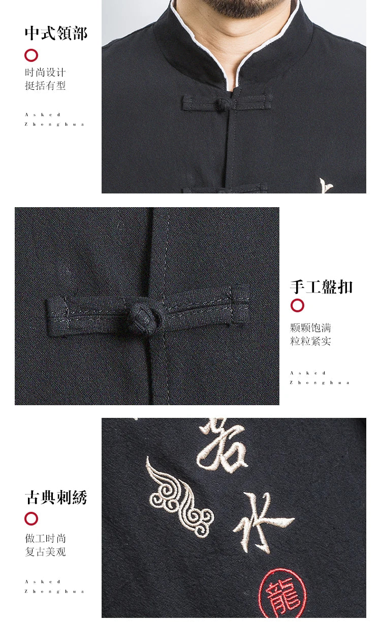 Camicie a maniche lunghe da uomo Ricamo tradizionale in cotone e lino Casual Tang Suit Cardigan da uomo Camicette Kung Fu retrò stile cinese da uomo