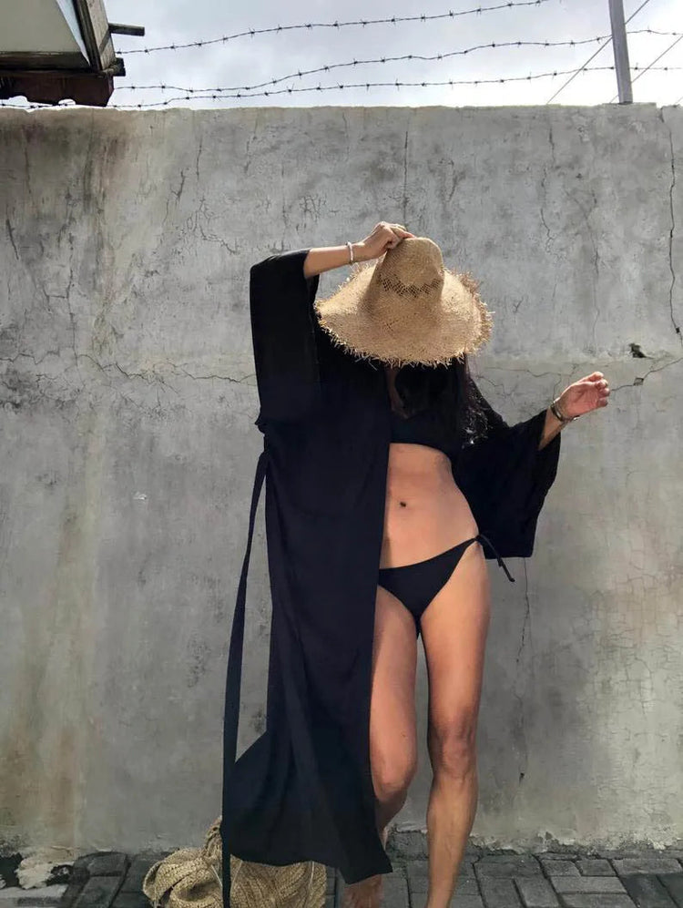 Solid Beach Cover Up Women Self Belted Wrap Kimono Dress Costume da bagno 2025 New Robe Summer Beachwear Fornitura in fabbrica platinumshop