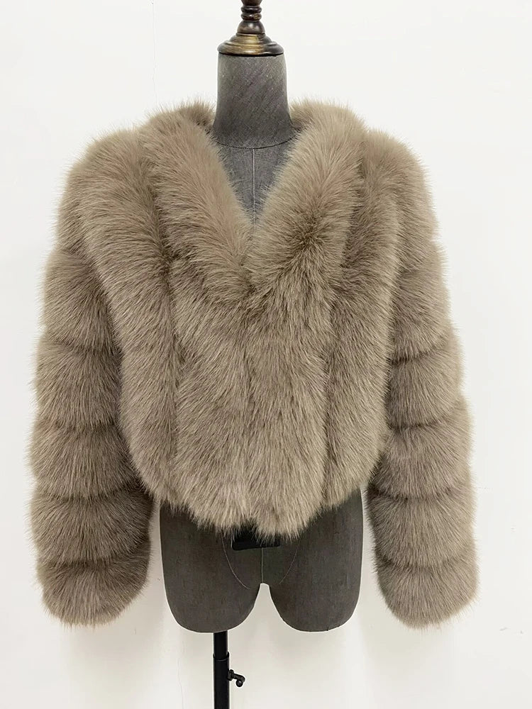 ZADORIN Luxury Cropped White Faux Fox Fur Coat Woman Clothing V Neck Long Sleeve Winter Fluffy Faux Fur Jacket Fur Coats Woman