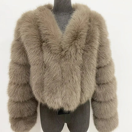 ZADORIN Luxury Cropped White Faux Fox Fur Coat Woman Clothing V Neck Long Sleeve Winter Fluffy Faux Fur Jacket Fur Coats Woman