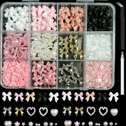 1 Box Pink White Series Bow Heart Nail Charms 3D Arcylic Nail Art Decorations Pearl 5-petal Flower Jewelry Manicure Accessories*