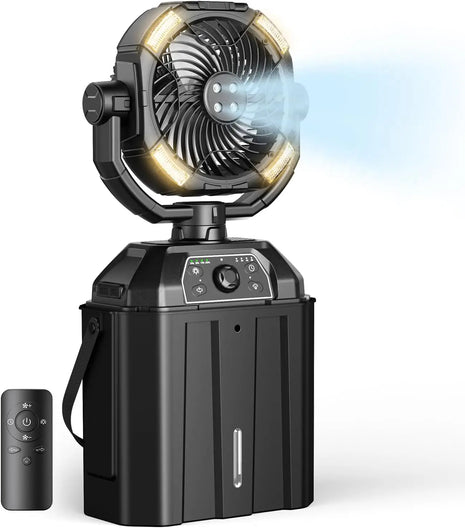 Ventilatore nebulizzatore portatile Ventilatore girevole automatico ricaricabile con batteria USB da 25000 mAh come Power Bank 4 Mist Cooler Secchio da 7 litri per esterni