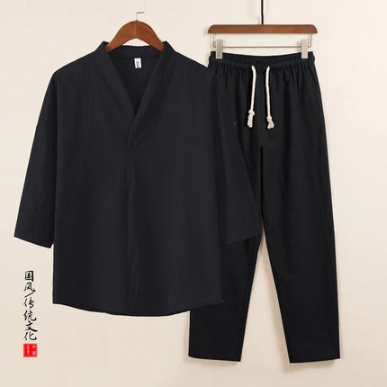Set da due pezzi da uomo in cotone di lino confortevole (camicie + pantaloni) stile cinese retrò a maniche corte da uomo casual vestito di linguetta pantaloni Kungfu