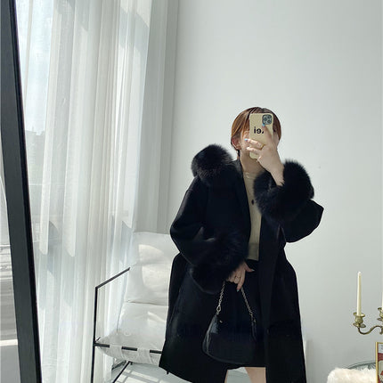 2024 New Oversize Ladies Outerwear Real Fur Coat Winter Jacket Women Natural Fox Fur Collar Cuffs Hood Cashmere Wool Woolen