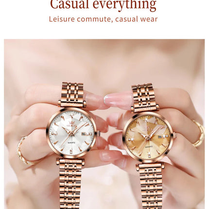 OLEVS 5536 Orologio da donna al quarzo con diamanti di marca di lusso Moda elegante orologio da donna impermeabile in oro rosa con bracciale Set Reloj Mujer platinumshop