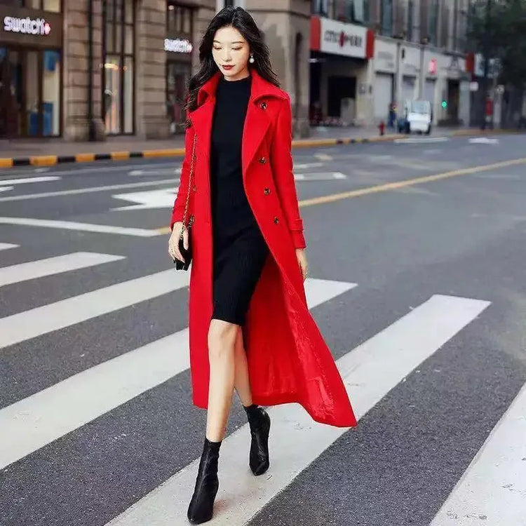 New Women's Spring Autumn Winter Woolen Coat Slim  Long Over The Knee Lining Woolen Windbreaker Outerwear Match Belt Female