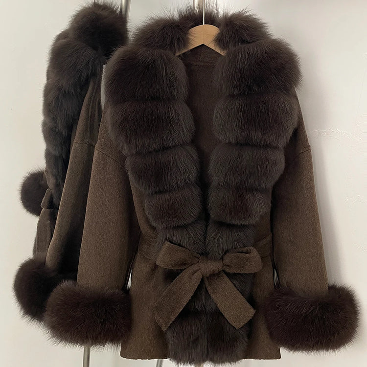 Real Fur Wool Jacket Fashion Reality Fur Jacket Women Natural Fox Fur Cuffs Winter Clothing Female Elegant with Belt Woolen Coat