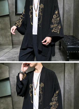 Trench da uomo ricamato in cotone Hanfu Lino Abito stile cinese Giacca cardigan Casual Kimono oversize 5XL Cappotto antico maschile