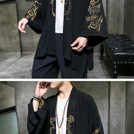 Trench da uomo ricamato in cotone Hanfu Lino Abito stile cinese Giacca cardigan Casual Kimono oversize 5XL Cappotto antico maschile