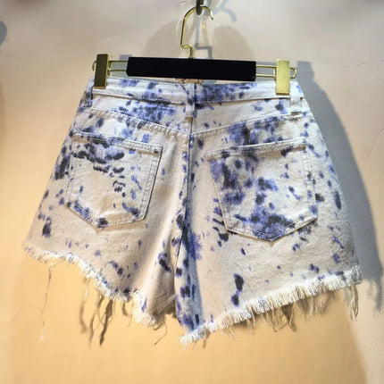 2025 Abiti estivi, Nuovi pantaloncini di jeans con bordo ruvido indossato a vita alta con perforazione a caldo per l'industria pesante, pantaloni caldi da donna