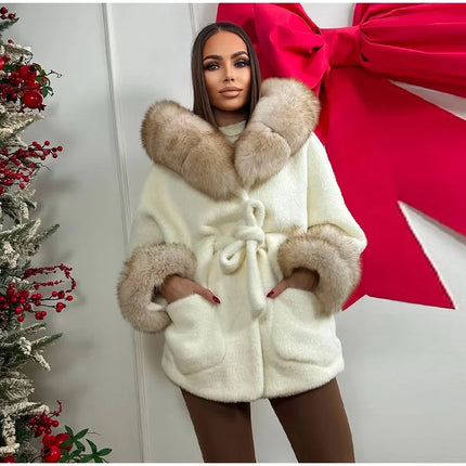Cotton Lined Furry Fur Collar Belts Jacket Women Fashion Long Sleeve Thicken Warm Female Coat 2025 Winter Street Casual Outwear