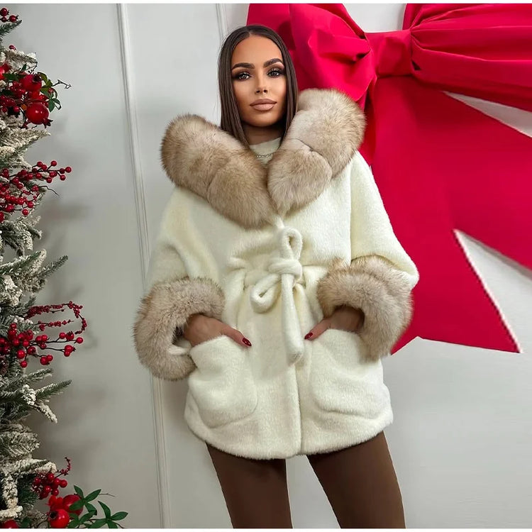 Cotton Lined Furry Fur Collar Belts Jacket Women Fashion Long Sleeve Thicken Warm Female Coat 2025 Winter Street Casual Outwear