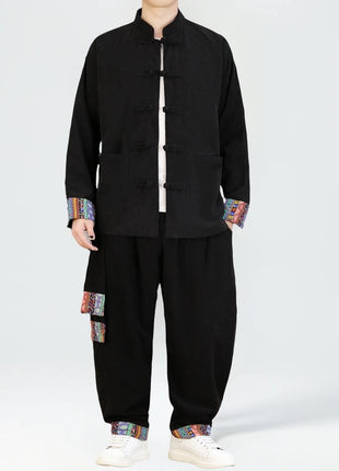 2026 Uomini di Stile Cinese Retro Tang Vestito Da Uomo di Velluto A Coste Patchwork Set Stampato Int