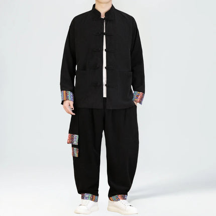2026 Uomini di Stile Cinese Retro Tang Vestito Da Uomo di Velluto A Coste Patchwork Set Stampato Intrattenimento Musiche E Canzoni Mens Vintage Stampa Set Maschile Casual Kung Fu Vestito