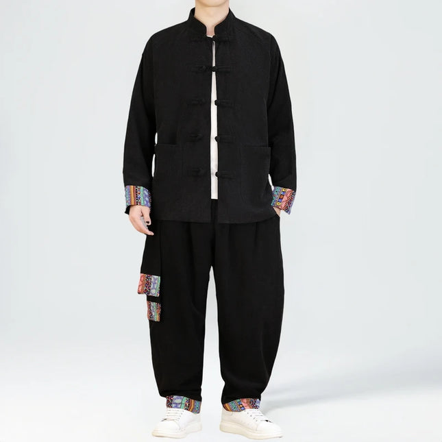 2026 Uomini di Stile Cinese Retro Tang Vestito Da Uomo di Velluto A Coste Patchwork Set Stampato Intrattenimento Musiche E Canzoni Mens Vintage Stampa Set Maschile Casual Kung Fu Vestito