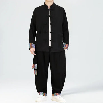 2026 Uomini di Stile Cinese Retro Tang Vestito Da Uomo di Velluto A Coste Patchwork Set Stampato Int