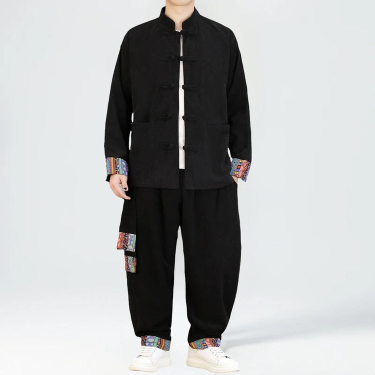 2026 Uomini di Stile Cinese Retro Tang Vestito Da Uomo di Velluto A Coste Patchwork Set Stampato Int