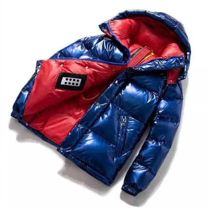Fashion Mens Winter Mixed Colors Thick Warm 90% White Duck Down Jacket Bright Pu Leather Overcoat Streetwear Hooded Outwear Coat