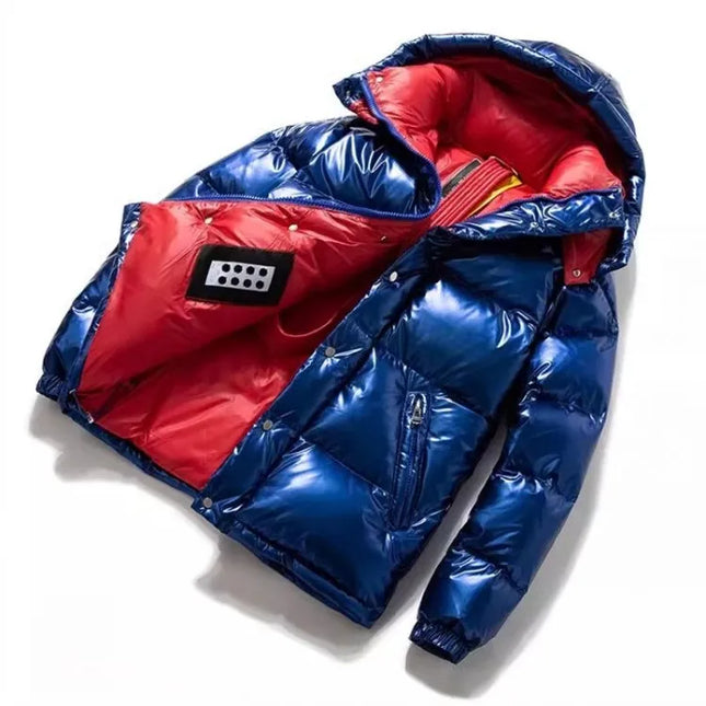Fashion Mens Winter Mixed Colors Thick Warm 90% White Duck Down Jacket Bright Pu Leather Overcoat Streetwear Hooded Outwear Coat