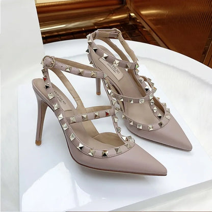 Shoes For Women 2025 Summer Luxury Punk Metal Rivet High Heels Gladiator Pointed Toe Stiletto Sandals Elegant Sexy Party Shoes