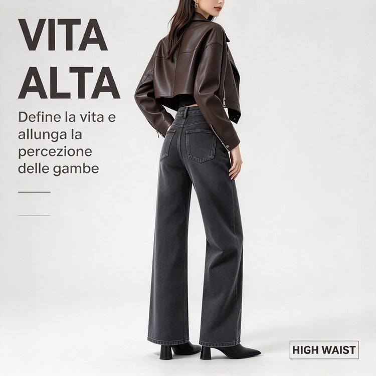 Women’s high-waisted, wide-leg jeans in smoky grey with a uniform wash; elegant, minimalist, relaxed-fit wide-leg denim, suitable for casual office wear and everyday outings FX-1338-5