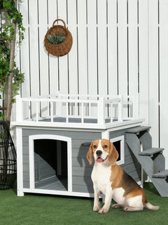 Pawhut Casetta per Cani di Piccola e Media Taglia con Terrazza, Scaletta e Finestra,121x77x78cm, Grigio chiaro