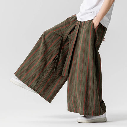 Pantaloni a righe da uomo in cotone e lino, comodi e traspiranti, pantaloni a gamba larga, kimono, samurai giapponese, pantaloni alla moda larghi casual da uomo