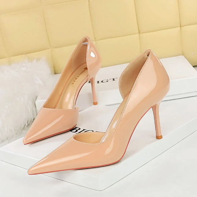 Women's Nude High Heel Shoes Bridal Stiletto Office Pumps Hollow Out Party Shoes Grace Side Cutout Patent Leather Grace 8236