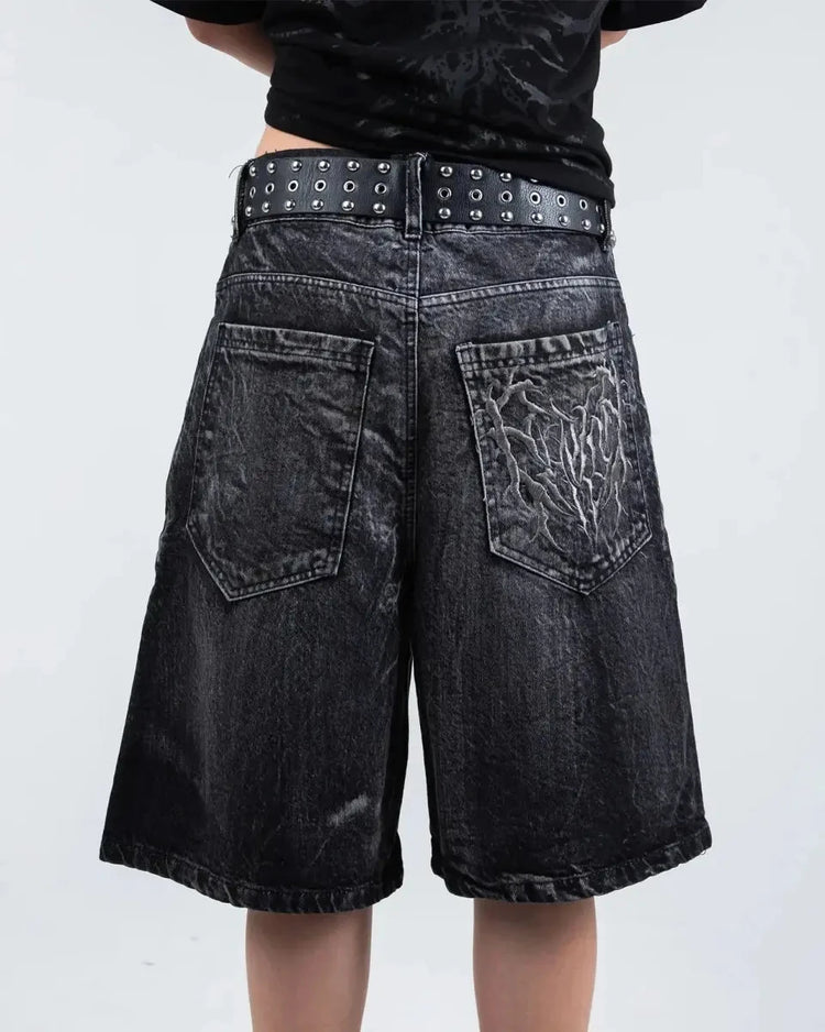 Pantaloncini Larghi Unisex Stile Gotico Retrò Y2K, Jeans Phantom con Ricamo a Ragno, Streetwear Hip Hop
