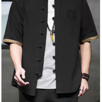 Camicie da Uomo Ricamate in Stile Cinese Retrò, Traspiranti in Lino, Comode, Casual Kung Fu, Abito Tang con Colletto Rialzato