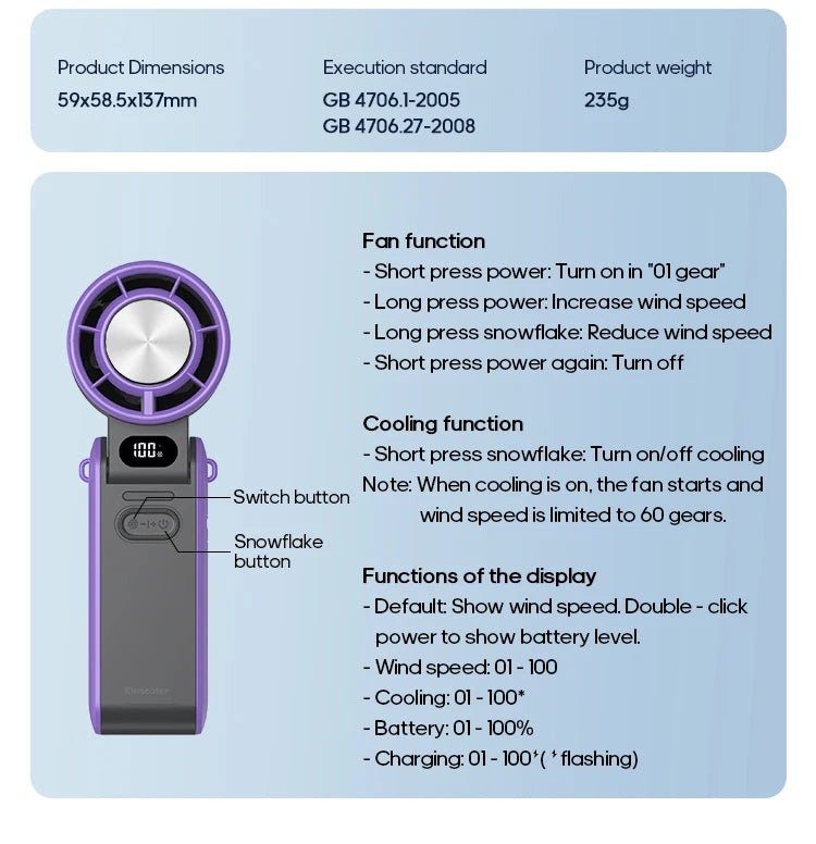 Ventilatore Portatile ad Alta Velocità con Raffreddamento Rapido, Ricaricabile 3600mAh, 100 Velocità Regolabili, Mini Ventilatore Pieghevole Turbo e Cordino