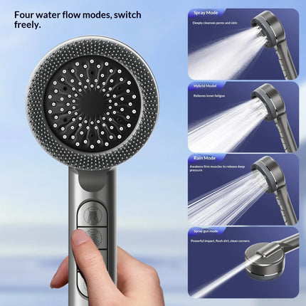 Soffione doccia autopulente a 4 modalità con spazzola in silicone, arresto acqua con un tasto, massaggio ad alta pressione, soffione in ABS con filtro