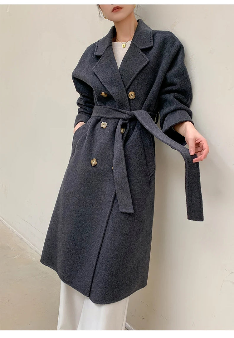 Ladies' 100% Cashmere Thick Double-Sided Extended Coat, Classic, Versatile and Fashionable for Business and Leisure