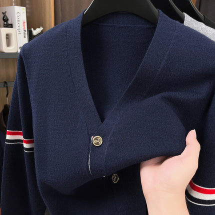 High End Brand Knitted Cardigan Men's Autumn Trend Color Blocked Striped Designer New shawl Korean Casual V-Neck sweater Coat