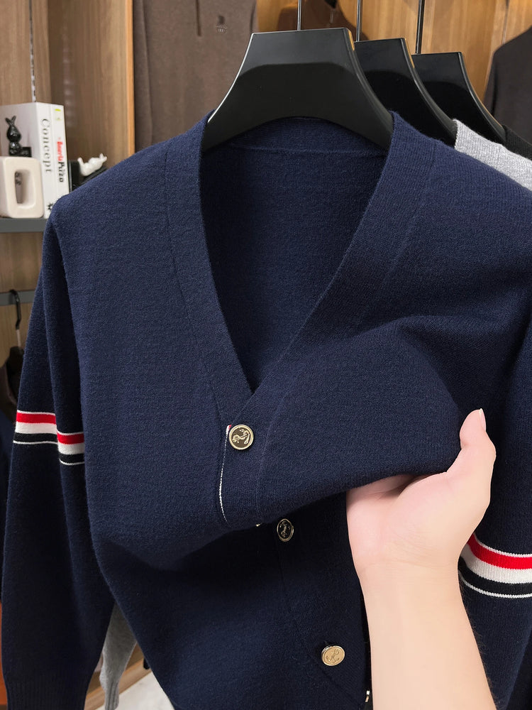 High End Brand Knitted Cardigan Men's Autumn Trend Color Blocked Striped Designer New shawl Korean Casual V-Neck sweater Coat