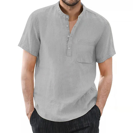 Men's Short Sleeve Cotton Linen T-shirt Casual Solid Color Men's Summer Shirt Cozy and Breathable