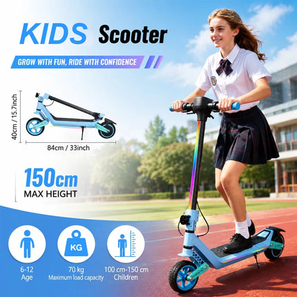 Monopattino elettrico per bambini, doppia sospensione, luci arcobaleno colorate e schermo LED, autonomia di 12 km, un regalo ideale per ragazzi e ragazze dai 6 anni in su.