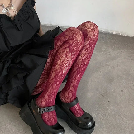 Calze di seta scavate a rete con ricamo floreale sexy da donna Collant a rete per pesci JK Collant Harajuku hipster colorato per ragazze fresche