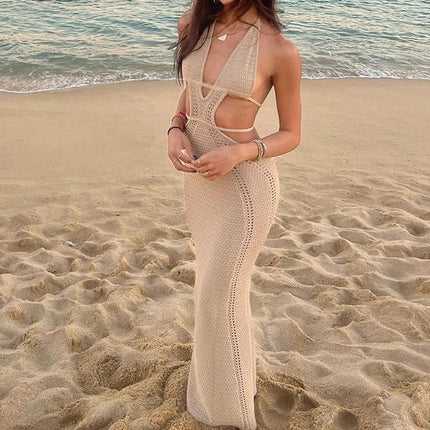Abito da annodare senza schienale scollato stile sexy Abito da donna per le vacanze al mare Copricostume lavorato a maglia Abito lungo con protezione solare per il bagno del sole platinumshop