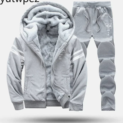 M-6XL Men's Winter 2 Piece Tracksuit Set, Thickened Warm Hooded Coat & Sweater, Outdoor Hiking Cycling Camping Running Outerwear