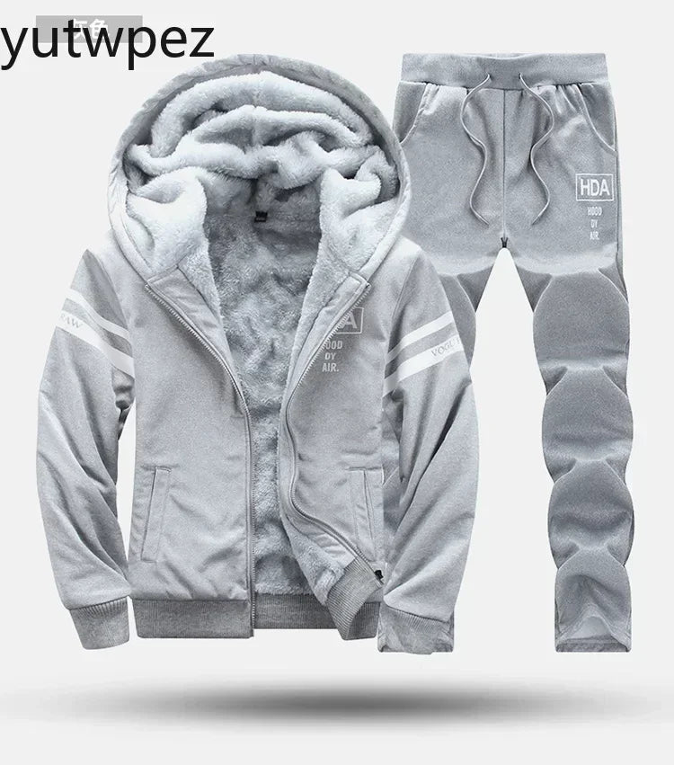 M-6XL Men's Winter 2 Piece Tracksuit Set, Thickened Warm Hooded Coat & Sweater, Outdoor Hiking Cycling Camping Running Outerwear