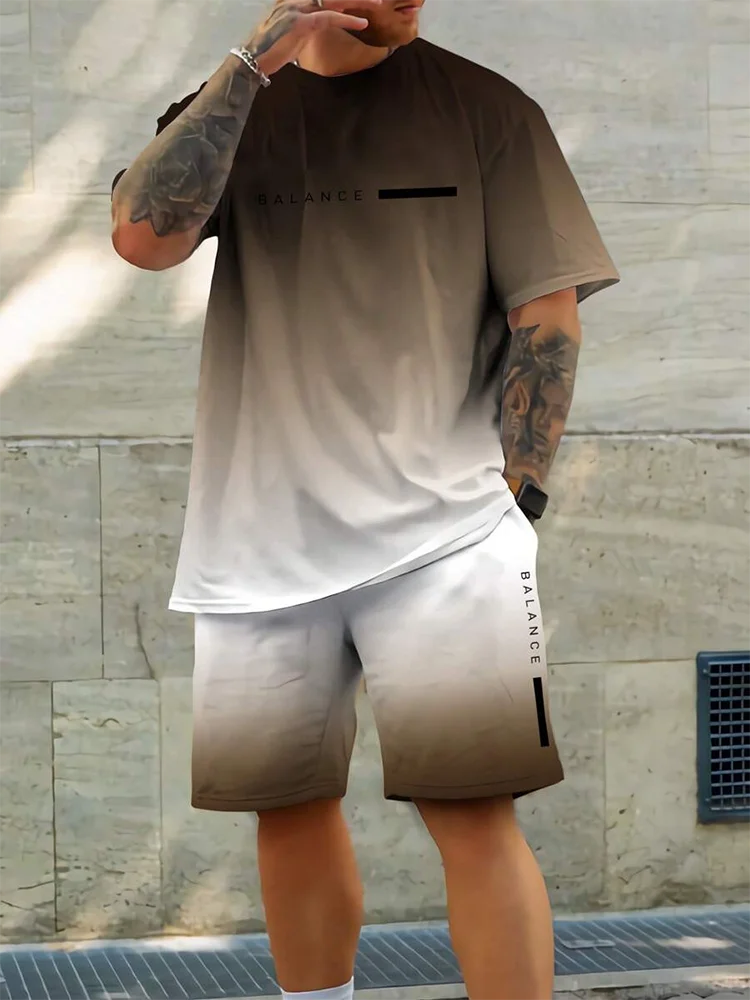 Pantaloncini a maniche corte da uomo con stampa sfumata Set Set di moda da uomo hawaiano T-shirt casual da uomo estiva Pantaloncini da uomo da spiaggia all'aperto