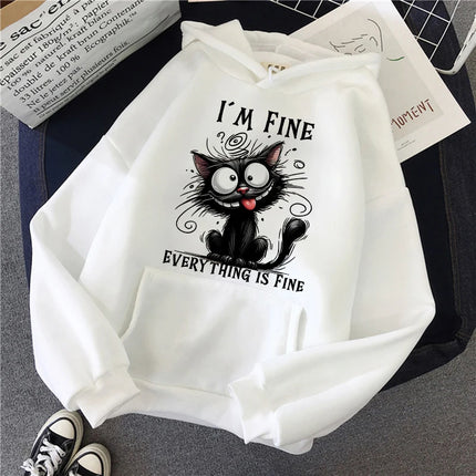 Women’s Vintage Y2K Hooded Pullover, Kawaii Sweatshirt With Sarcastic Cat Graphic Print Long‑Sleeve Tops For Daily Street Wear