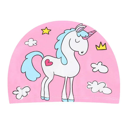 Kids Swim Cap Stretchy Fabric Cute Cartoon Long Hair Adorable Children Protect Ears Pool Hat for Boys and Girls