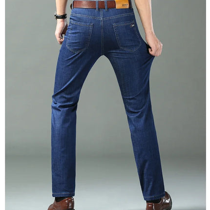 New Ice Silk Thin Denim Jeans for Men Blue Straight Stretch Cotton Denim Pant Business Casual Lightweight Trousers Spring Summer